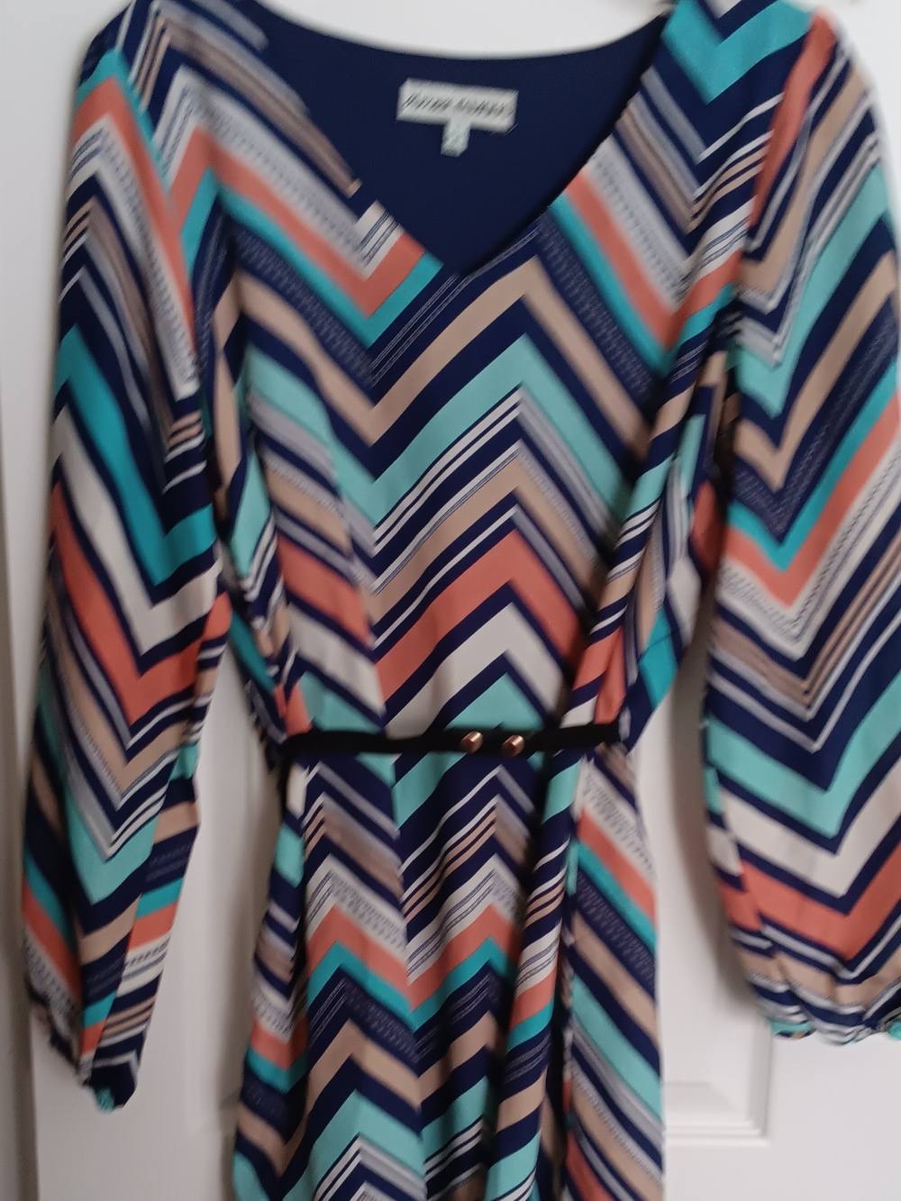 Chevron Print V-Neck Belted Dress in Navy & Coral - Almost Famous Brand